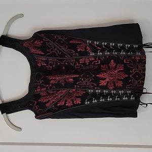 Tripp NYC Red & Black Floral Brocade Corset Top Ribbons XS S